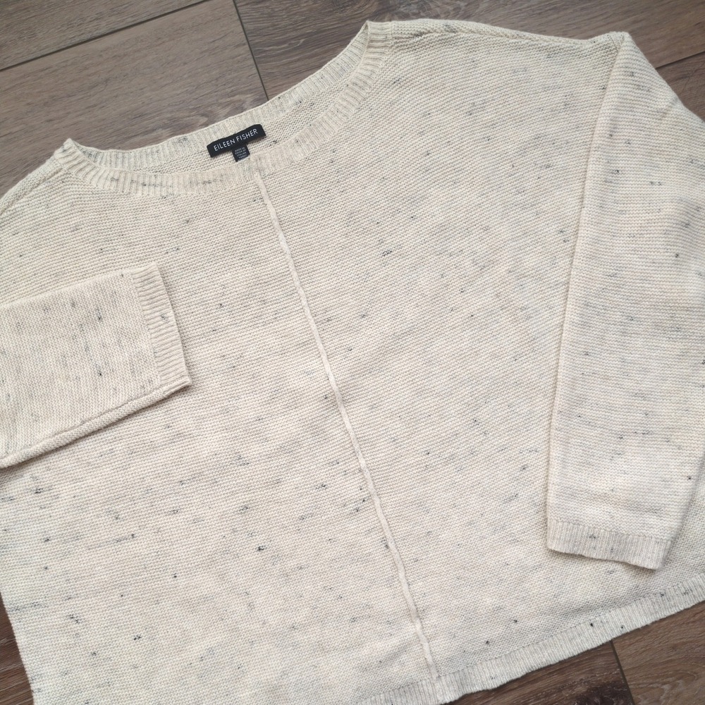 Eileen Fisher Knit Sweater Cream Speckled Cotton Wool Boxy Boat Neck Capsule XS
